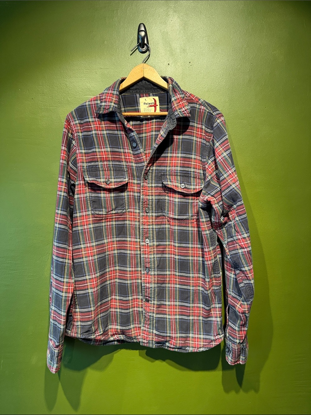 Relwen Red & Navy Plaid Button-Up Flannel Shirt